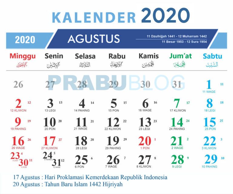 Kalender agustus 2020 nasional dan pasaran jawa
