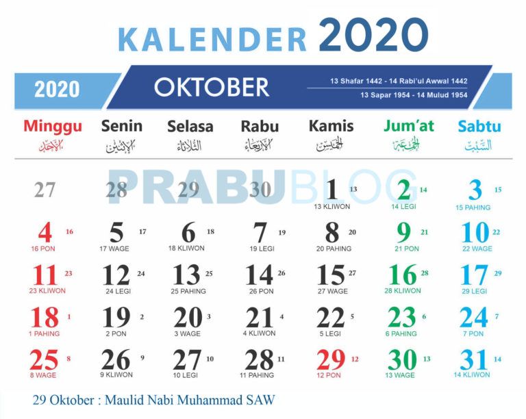 kalender bulan oktober 2020 nasional dan jawa