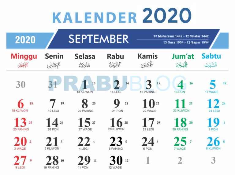 kalender september 2020 nasional dan jawa
