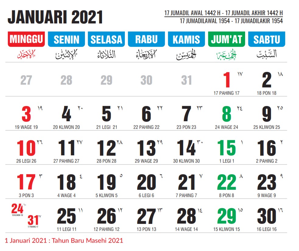kalender januari 2021