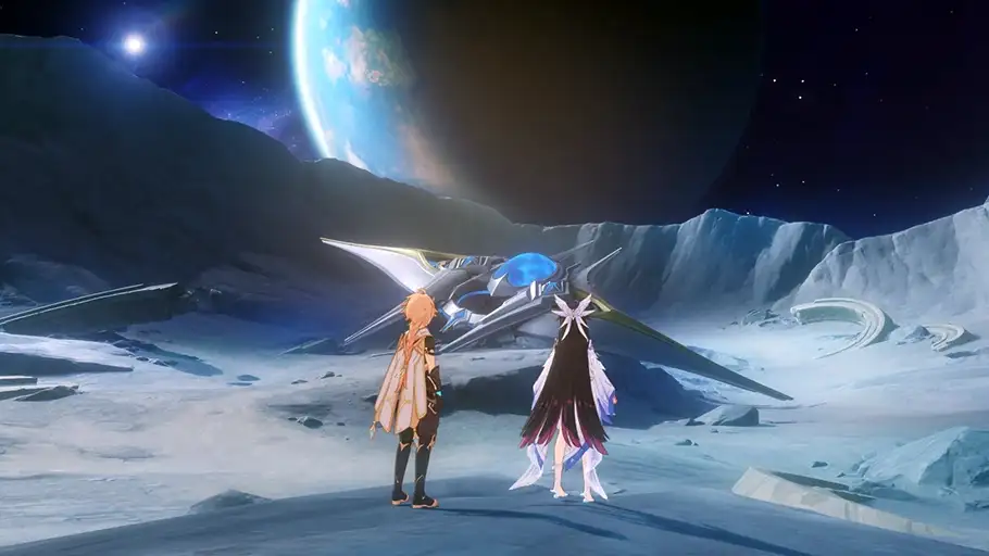 traveler and columbina arrives at moon